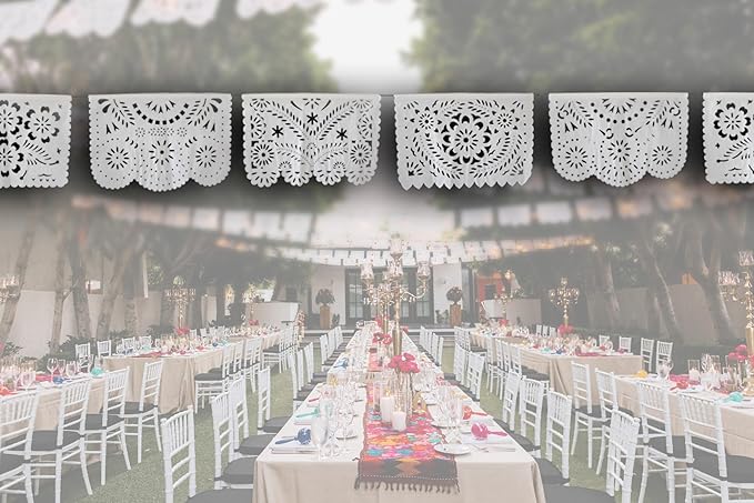 Papel Picado White Plastic Banner 5 Pack, 19 x 13 in Giant Panels, 82 Ft Total Length, 50 Panels, Mexican Wedding Fiesta Quinceañera Decor
