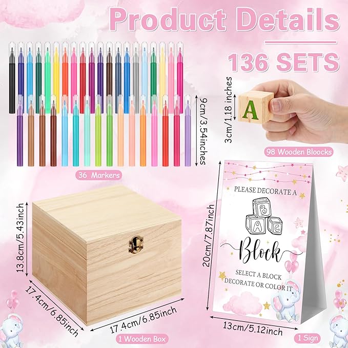 Marsui 136 Pcs Baby Shower Blocks to Decorate Game Kit Includes 98 Wooden Blocks, 36 Markers, 1 Game Sign, 1 Storage Box for Baby Shower Gender Reveal Activity Party Decorations(Pink Elephant)