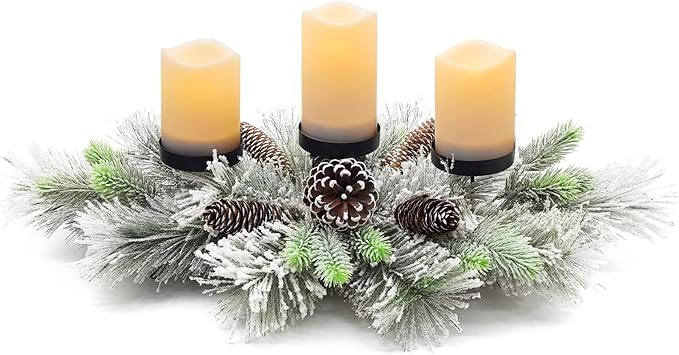 Christmas Centerpiece Table Decorations, Handcrafted Snowy Pine Cones and Pine Needles with 3 Candle Holders for Dining Table Fireplace Mantel - 27.5 in