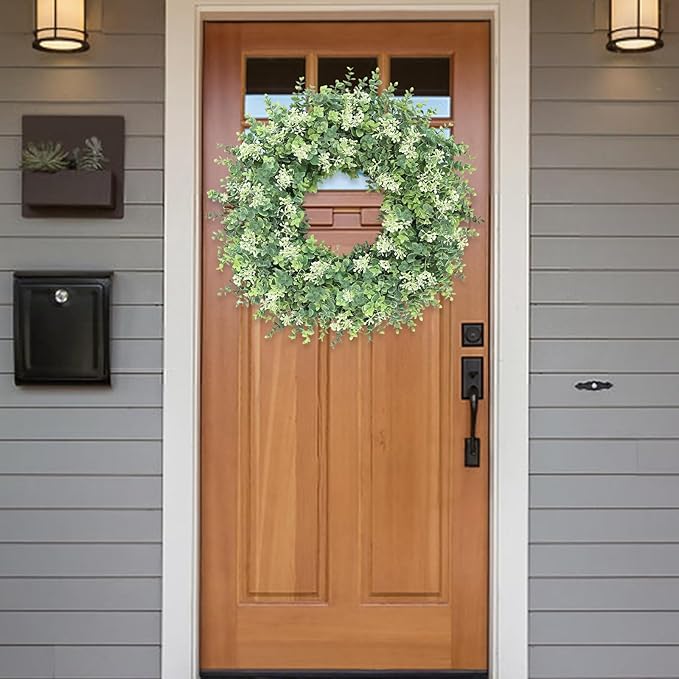 26IN Large Boxwood Wreath for Front Door Green Faux Wreaths Spring Summer Artificial Boxwoods Leaves Door Wreath with White Seeds Greenery Outdoor Indoor Window Porch Wall Home Door Decor All Season