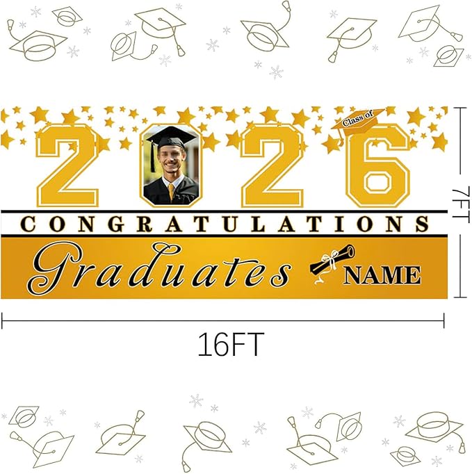 Custom Photo Graduation Garage Door Banner Personalized 2026 Grad Banner 7x16ft Porch Door Sign Decoration Outdoor Photo Booth Backdrop Party Supplies(Yellow and White)