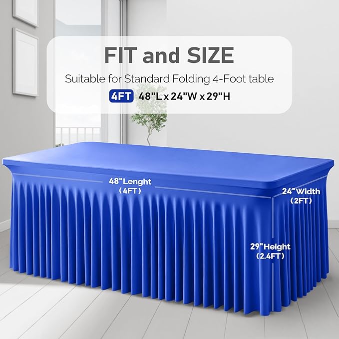 2 Packs Royal Blue Table Clothes for 4 Foot Rectangle Tables, One-Piece Wrinkle Resistant Stretch Spandex Table Covers with Skirt for Event Banquet Wedding Birthday Party