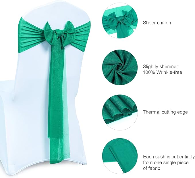 VDS Pack of 75, Emerald, Sheer Chiffon Chair Sashes Bows Chair Cover Back Tie Ribbon for Wedding Birthday Baby Shower Engagement Ceremony Event Party Banquet Restaurant Dining Chair Decoration