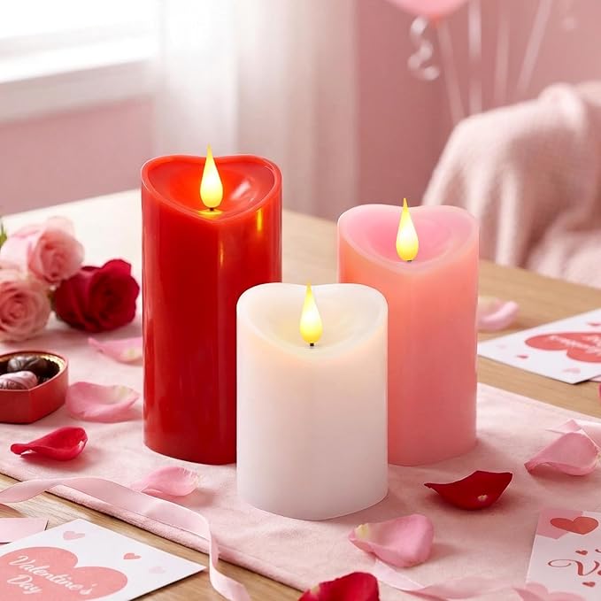 Retisee 3 PCS Valentine's Day Heart Pillar Candle - 4" 5" 6" LED Battery Operated Flameless Candle with Remote for Valentine Women Romantic Home Weeding Decoration Gift(Red, Pink, White)