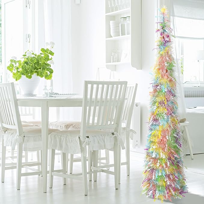 Easter Tinsel Tree, 5FT Artificial Pop Up Pencil Tree Decorations Spring Easter Flower Tabletop Decor for Home Party Birthday Holiday