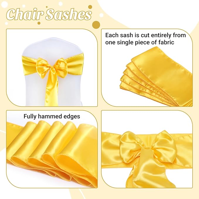 VDS Satin Chair Sashes Chair Cover Back Tie Sateen Bows Ribbon for Wedding Birthday Graduation Engagement Ceremony Event Party Banquet Venue Hotel All Dining Chair Decoration (150PC) (Yellow Gold)