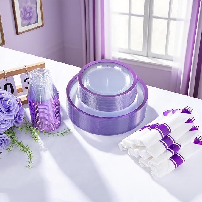 I00000 350 Pcs Clear Purple Plates for 50 Guests, Purple Dinnerware Include 100 Plates, 50 Cups, 50 Pre Rolled Napkins with Cutlery Set for Party and Wedding
