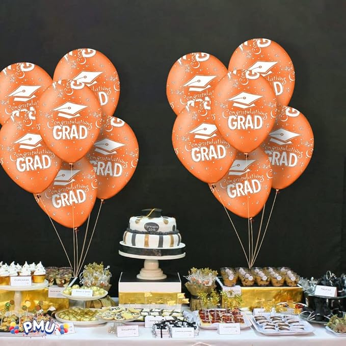 PMU 100 Pcs Orange Graduation Balloons Class of 2025 with All-Over Print White Grad Caps-Confetti and Streamers | Graduation Party Supplies | Congratulations Grad Latex Balloons Latex