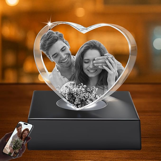 3D Crystal Photo,Valentine's Day Personalized Couple Gifts,for Women,Wife,Mom & Couples,Custom 3D Etched Photo Inside Heart Shape Sentimental Memorial Gift