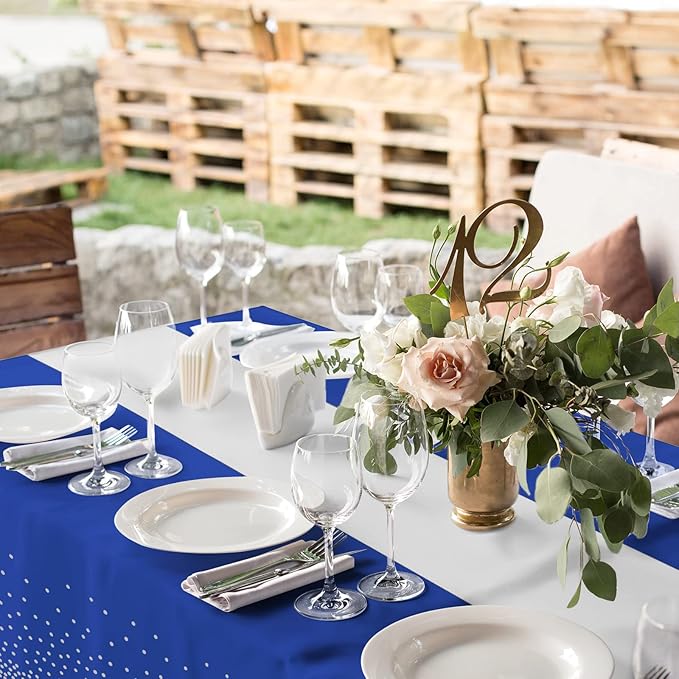 24Pack Disposable Plastic Tablecloths and Satin Table Runner Set Blue and Silver Dot Tablecloth Silver Satin Table Runner for Wedding Birthday Baby Shower Anniversary Christmas New Year Party Supplies