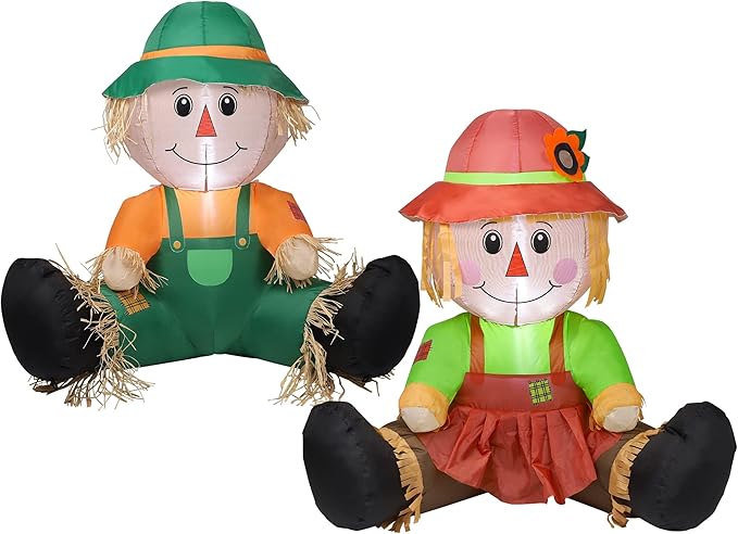 Lulu Home Fall Inflatable Decoration, 3.3FT Air Blown Scarecrow Couples with Built-in LED Lights for Harvest Indoor Outdoor Front Door Yard Lawn Garden Thanksgiving Decor, Set of 2