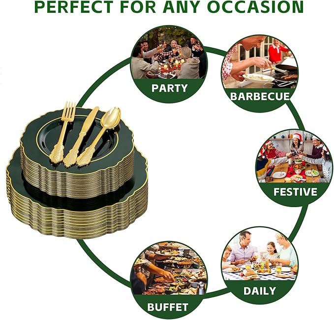 Liacere 175PCS Green Plastic Plates - Christmas Green Disposable With Gold Rim - 25Guest Baroque Plastic Dinnerware include 50Plates-25Pcs Pre Rolled Napkins with Silverware 25Cups for Christmas Day