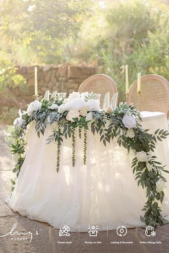 Ling's moment 9FT Spring Flower Garland for Backdrop Decorations - Wedding Arch Flowers, Eucalyptus & Rose, Artificial Floral Garland for Mantel - Sweetheart Table Decor for Reception, White & Sage
