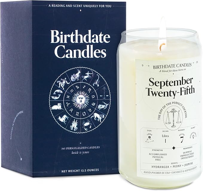 The Original Birthdate Candles, September 25 - Libra Zodiac Scented Candles Birthday Gift - Hygrangea, Peony & Jasmine Scent - All-Natural Soy & Coconut Wax, 60-80 Hour Burn Time - Made in USA