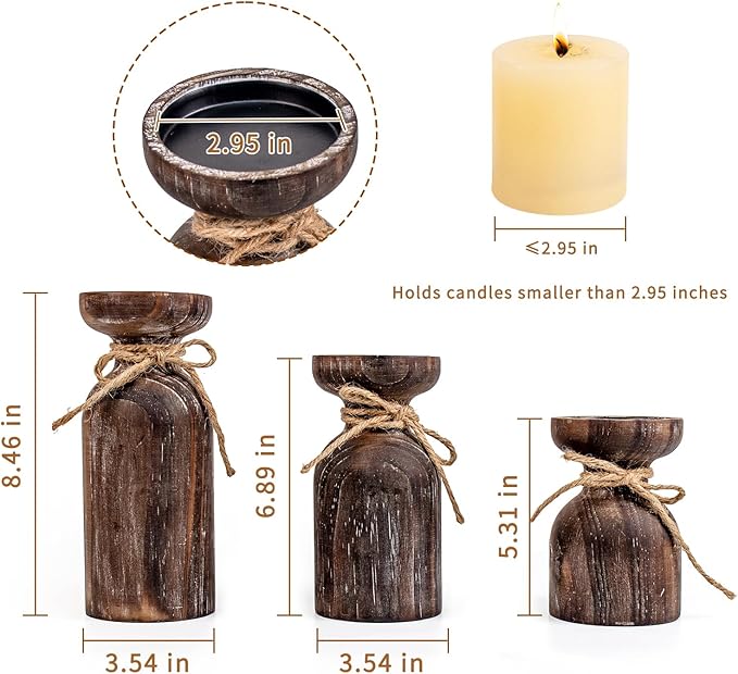 Farmhouse Wooden Candle Holders for Pillar Candles, Brown Distressed Set of 3 Rustic Wood Pillar Wood Candle Stands with Hemp Rope Bow Table Centerpiece Decor for Fireplace, Living, and Dining Room