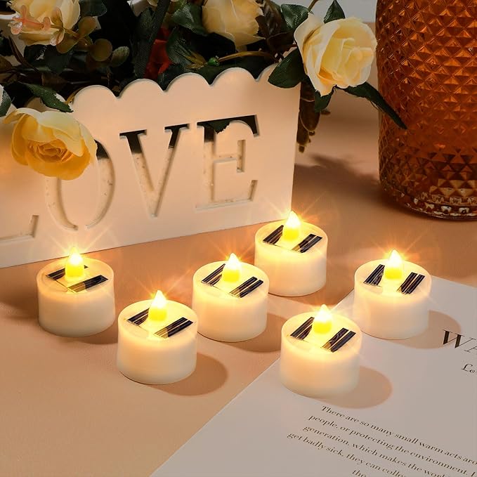 36 Pcs Solar Tea Lights Bulk Outdoor Waterproof Rechargeable Dusk to Dawn Lighting Small Valentine's Day Flameless Flickering LED Votive Candles for Garden Patio Party Lanterns (Amber)