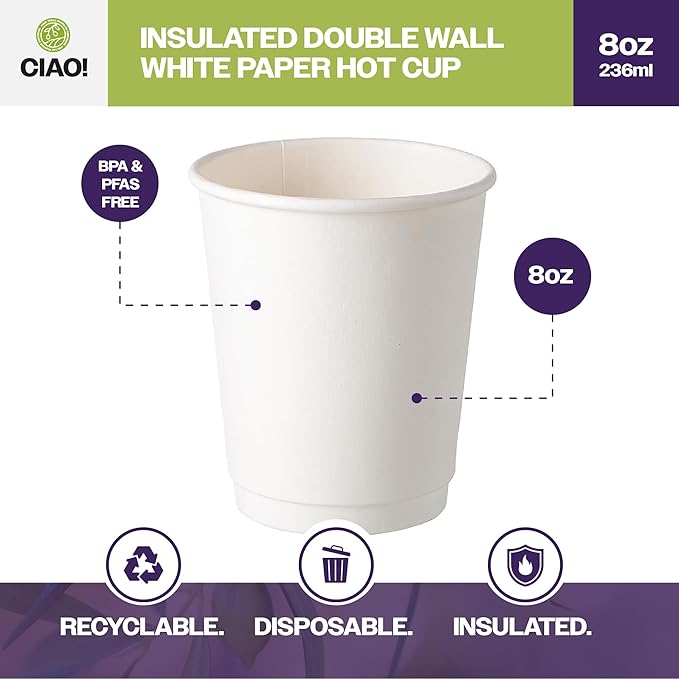 CIAO! 8 oz Insulated Double Wall White Paper Hot Cup, 80mm Diameter, 500 Count