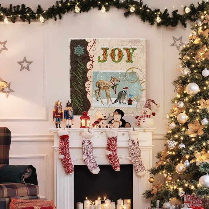 Renditions Gallery Holiday Joy Wall Art, Cute Winter Decor, Festive Fawn Deer, Raccoon, & Bluebird with Present, Premium Gallery Wrapped Canvas, Ready to Hang, 32 in H x 32 in W, Made in America