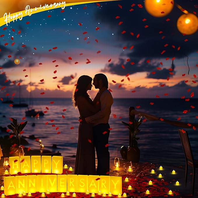 6088 Pcs Happy Anniversary Light up Letters with LED Flameless Tealight Candle Red Rose Petal Letter Luminary Paper Bag for Valentine's Day Decorations Proposal Romantic Special Night Decor