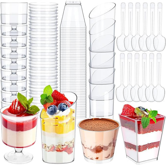 300 Pack Clear Mini Dessert Cups with Spoons 3oz 5oz Plastic Square Parfait Round Goblet Appetizer Shooter Cups for Baby Shower Wedding Party Picnic Yogurt Fruit Pudding Ice Cream Cake