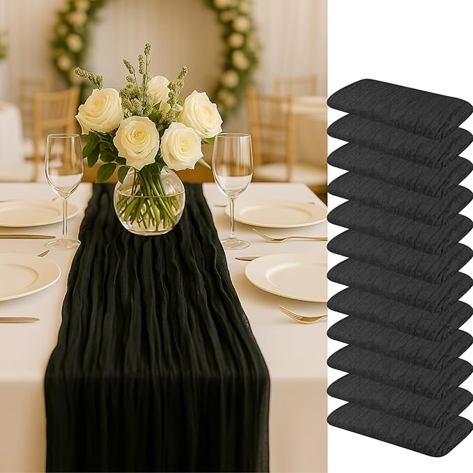 12 Pack 10FT Cheesecloth Table Runner 120 Inch Rustic Boho Gauze Cheese Cloth Table Runner for Wedding Baby Shower Bridal Shower Birthday Party Home Decorations (Black, 10ft x 12pcs)