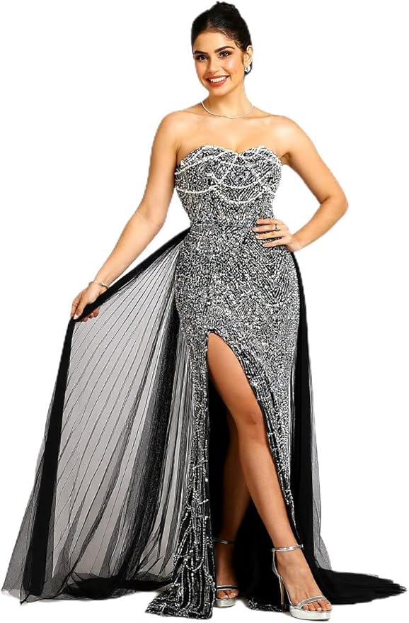 BABYONLINE D.R.E.S.S. Women's Handmade Sequin Evening Gown, Strapless Formal Dress with Side Split, Mesh Overlay 3200