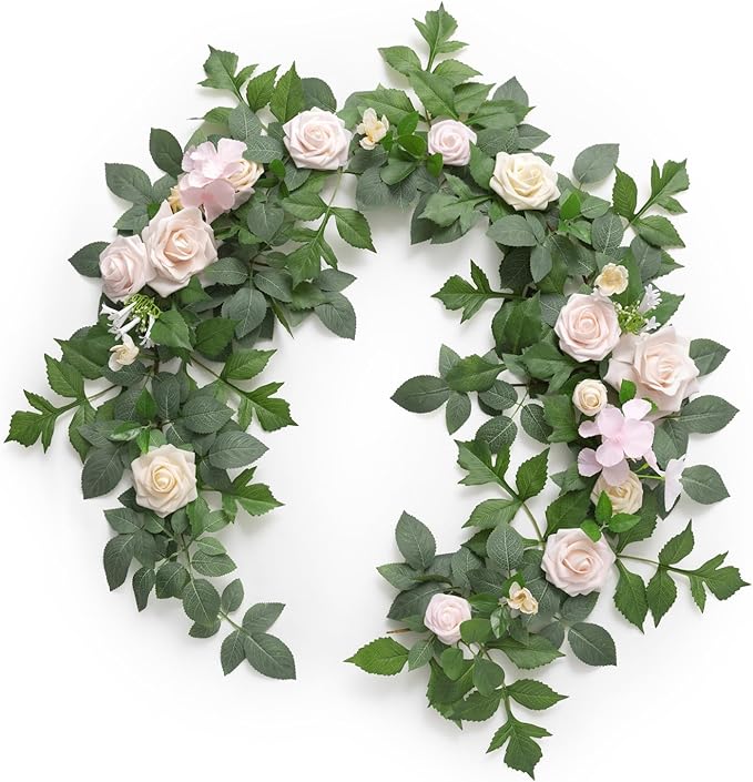 Ling's Moment 5FT Cream Artificial Flower Garland Fake Rose Eucalyptus Garland Arch Flowers Vine for Wedding Party Backdrop Home Table Centerpieces Decorations