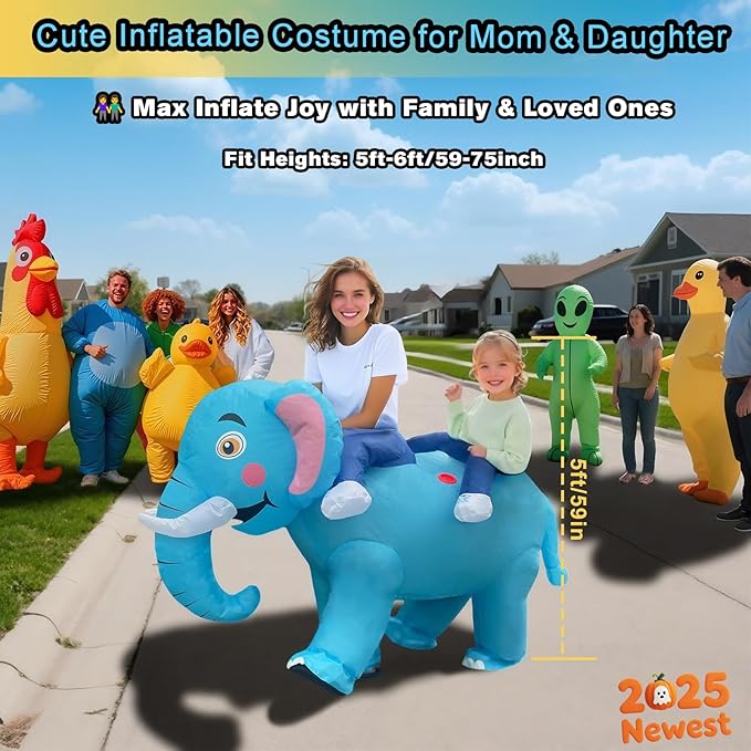 2026 Couple Inflatable Elephant Costume, 2-Person Conjoined Elephant Outfit for Friends, Adults, Family Funny Blow Up Ride on Costumes for Halloween, Themed Party