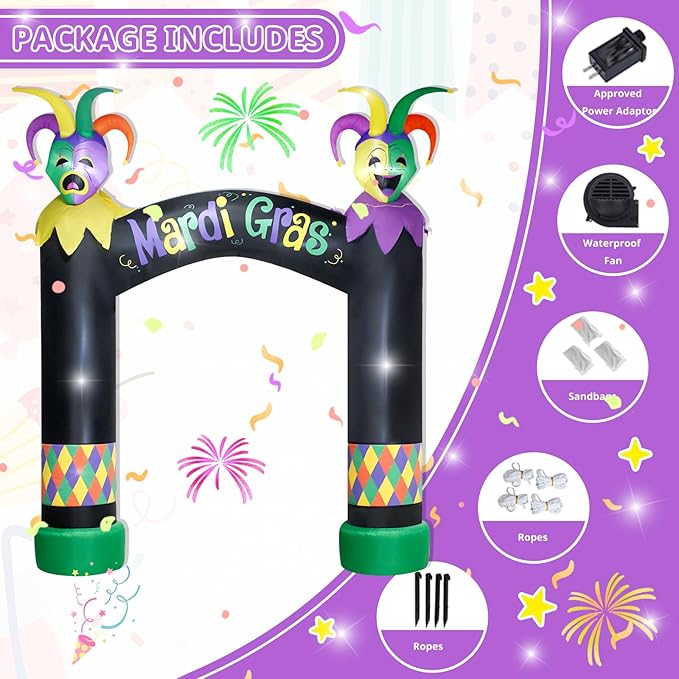 10FT Mardi Gras Inflatable Arch with LED Lights - Halloween Blow Up Outdoor Decoration, Jester Mask Archway for Party/Yard/Garden/Lawn, Built-in Sandbags & Easy Set up