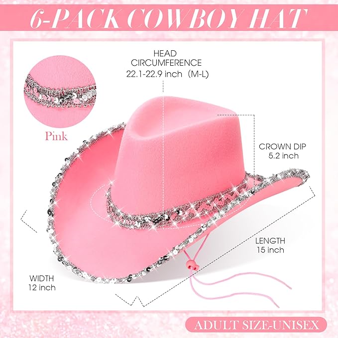 Hercicy 6 Pack Western Cowboy Hats with Rhinestone Tassel Bands Sequin Trim Sparkly Cowgirl Party Hats for Adults Women Men