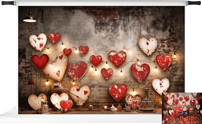 Kate Valentine Backdrop Red Love Heart Brick Wall Photo Background Valentine Chlidren Photo Booth Props, 10x6.5ft
