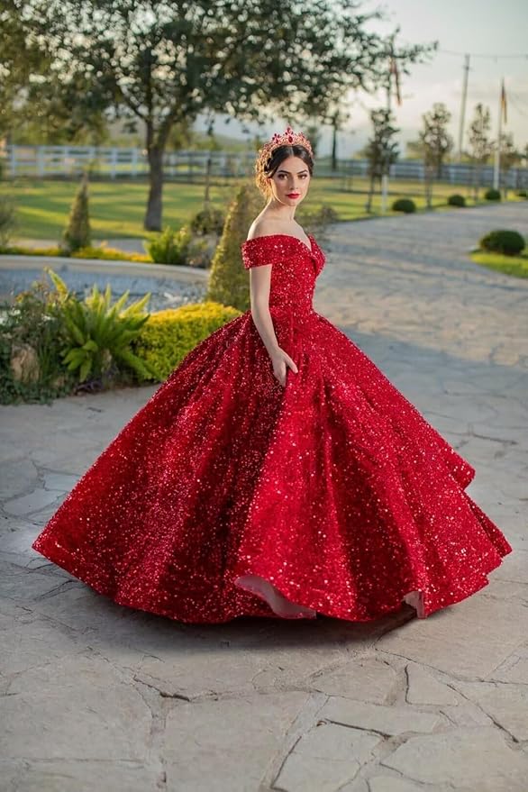 Quinceanera Dress Long Ball Gown Sparkly Sequin Off Shoulder V Neck Prom Dresses