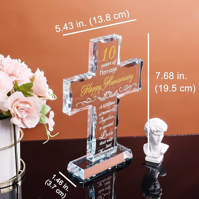 YWHL Happy 10 Year Anniversary Glass Cross Gifts for Wife, 10th Wedding Anniversary Religious Gifts for Couple, Home Party Decoration