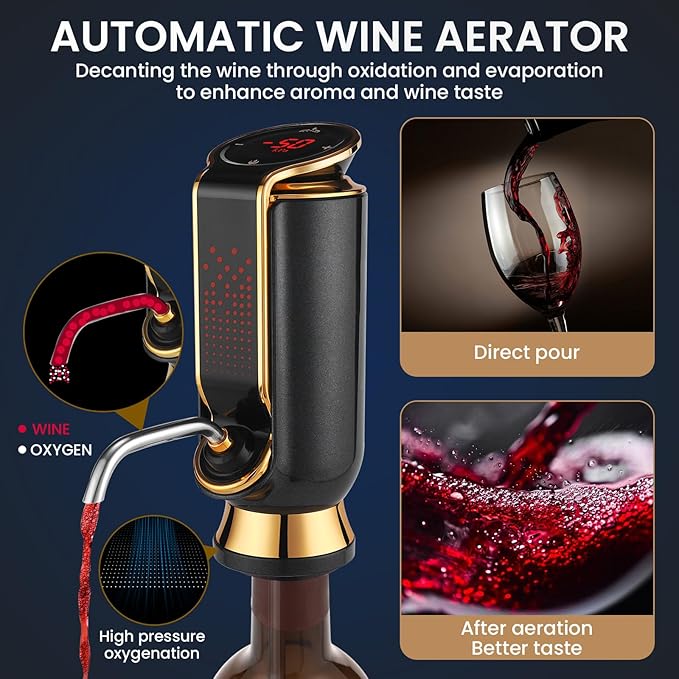 Luxurious 4-in-1 Electric Wine Aerator, Decanter, Dispenser & Vacuum Saver with LED Display - Wine Pourer Gift for Women and Wine Lovers