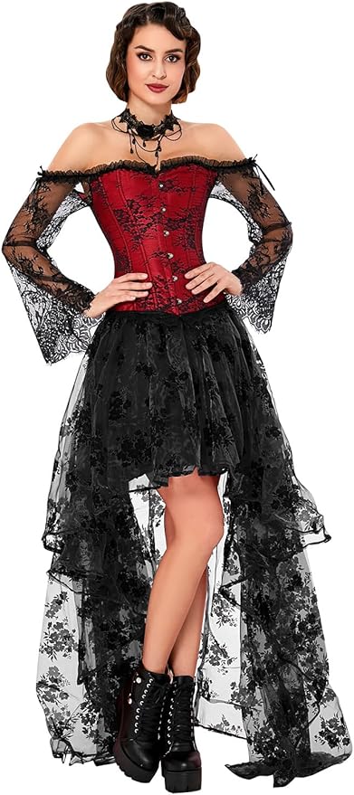 Kimring Women's Steampunk Victorian Off Shoulder Corset Top with High Low Skirt