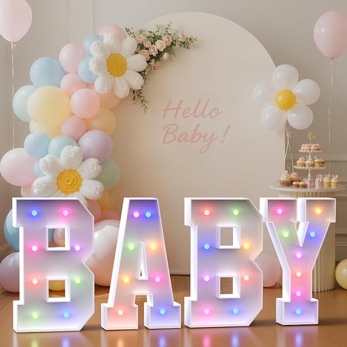 BABY Letters Baby Shower Decorations: 18 Colors Marquee Light-up Letter 2.3FT Big Oh Baby Letters for Baby Shower Sign for Gender Reveal Boys and Girls Party Decor Backdrop Block Boxes