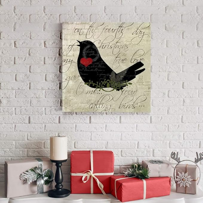 Renditions Gallery Twelve Days of Christmas Wall Art, Four Calling Birds, Cute Winter Artwork, Holiday Song Decor, Premium Gallery Wrapped Canvas, Ready to Hang, 24 in H x 24 in W, Made in America