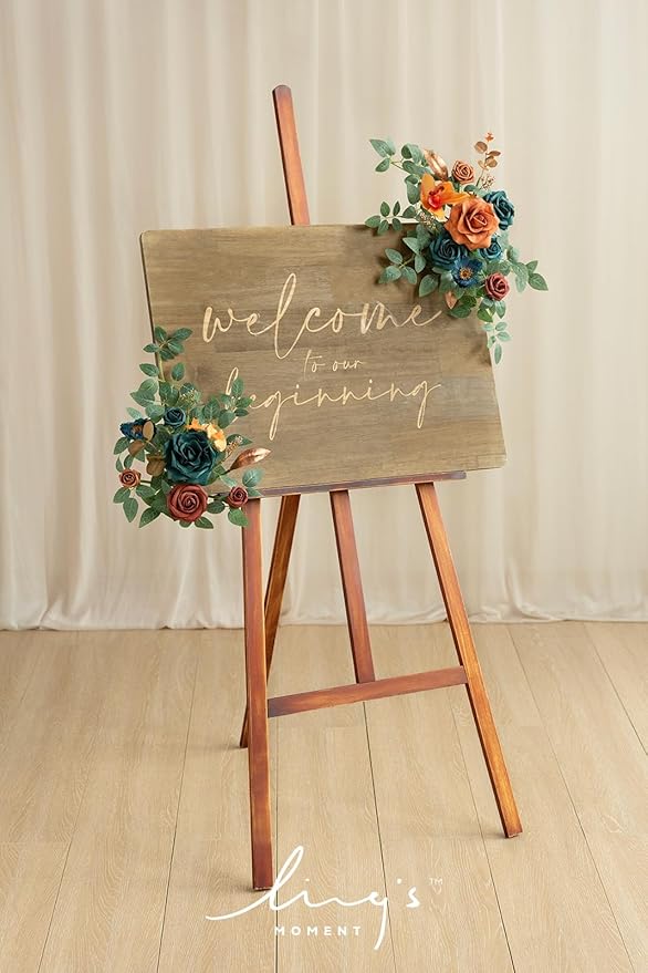 Ling's moment 2pcs Fall Wedding Artificial Floral Swag Welcome Sign Flowers Backdrop Garland Teal & Burnt Orange for Ceremony Reception Door Wall Home Decorations Entryway Outdoor Board Table Decor