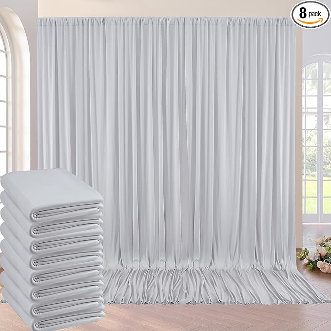 40ft×10ft Sliver Grey Wrinkle Free Backdrop Curtains for Parties, 8 Panels 5×10ft Thick&Silky Polyester Sliver Photo Backdrop Drapes Curtains for Birthday Party Baby Shower Wedding Photography