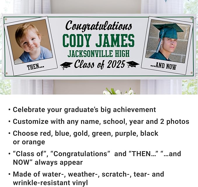 Let's Make Memories Personalized 10ft Graduation Banner - Graduation Party Decorations - Customized Congratulations Banner - Class of 2025 - Indoor/Outdoor Vinyl - How Time Flies - Gold - 10 ft