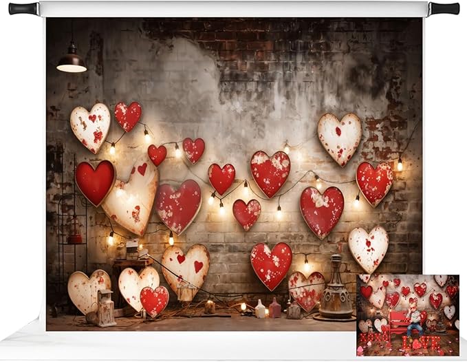 Kate Valentine Backdrop Red Love Heart Brick Wall Photo Background Valentine Chlidren Photo Booth Props, 10x8ft