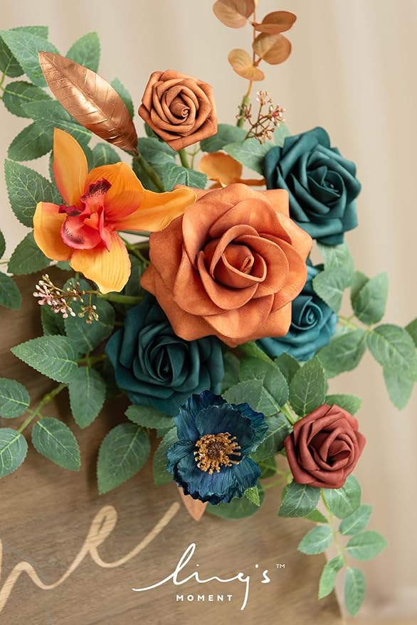 Ling's moment 2pcs Fall Wedding Artificial Floral Swag Welcome Sign Flowers Backdrop Garland Teal & Burnt Orange for Ceremony Reception Door Wall Home Decorations Entryway Outdoor Board Table Decor