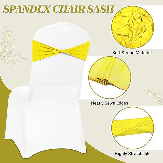 VDS Pack of 50 PCS | Yellow | Spandex Chair Sashes Bows Without Buckle | Stretch Elastic Banquet Universal Folding Chair Band Tie with for Wedding Party Conference Celebration Event Decoration