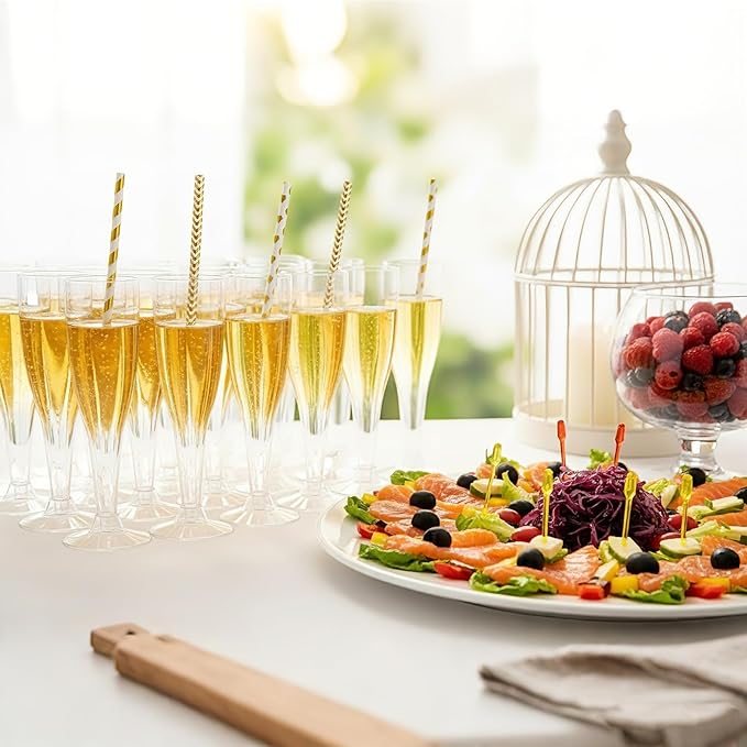 Remerry 200 Pcs Plastic Champagne Flutes 4.5 oz Clear Disposable Champagne Toasting Glass with Paper Straws, Mimosa Cocktail Cup for Valentine, Wedding, New Year, Birthday Party Supplies(Gold)