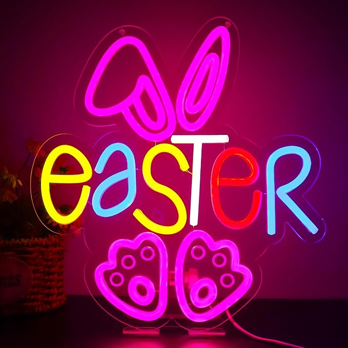 Easter Rabbit Neon Sign for Wall Decor,Dimmable USB Powered Neon Lights for Children's Room Decoration, Easter Gifts, Birthday Parties Gift 12.2 * 12.9Inch