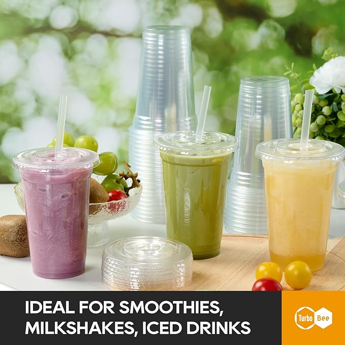 Turbo Bee 200 Sets 20 OZ Clear Plastic Cups with Lids and Straws, Disposable To Go Iced coffee cups with lids for Cold Drinks, Smoothie, and Slushie