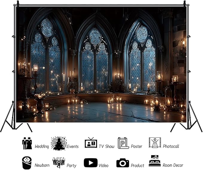 Baocicco Vintage Castle Wall Backdrop Photography 8x6.5ft Night Candlelight Gothic Fantasy Castle Ancient Arch Window Background Halloween Backdrops Wedding Birthday Party Decorations Props Video
