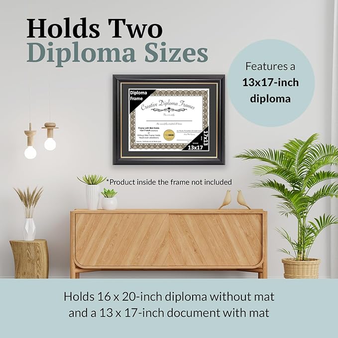 Creative Picture Frames 13" x 17" Rockefeller Black with Gold Rim Diploma Frame, Displays 13" x 17" Certificate or 16" x 20" Document without Mat, College Degree Frame, Full-Strength Glass, Black Mat