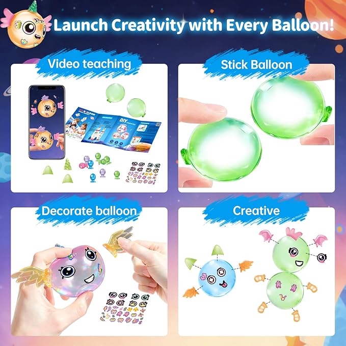 Space Rocket Sticky Balloon with Pump - 219 Pcs DIY Balloon Animals Kit, Creative Sticky Balloon Maker Toy for Kids with Strickers, Accessories, Birthday Gifts for Boys Girls Ages 3+