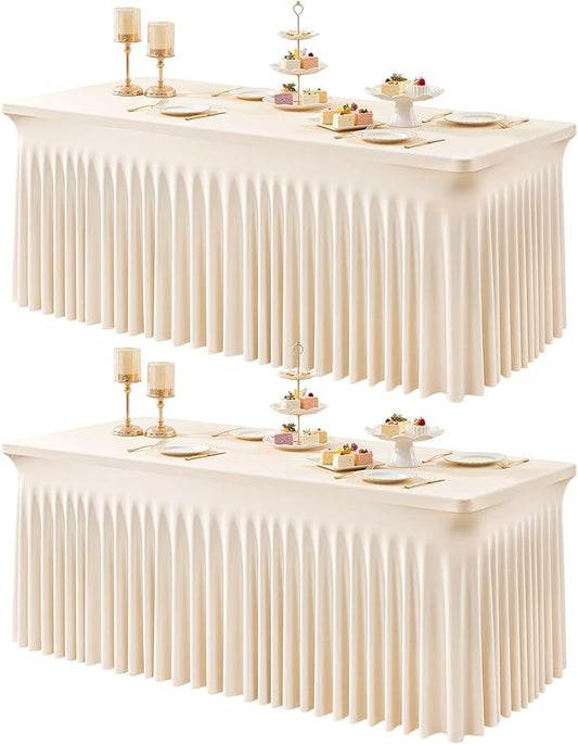 2 Packs Light Champagne Table Clothes for 8 Foot Rectangle Tables, One-Piece Wrinkle Resistant Stretch Spandex Table Covers with Skirt for Event Banquet Wedding Birthday Party